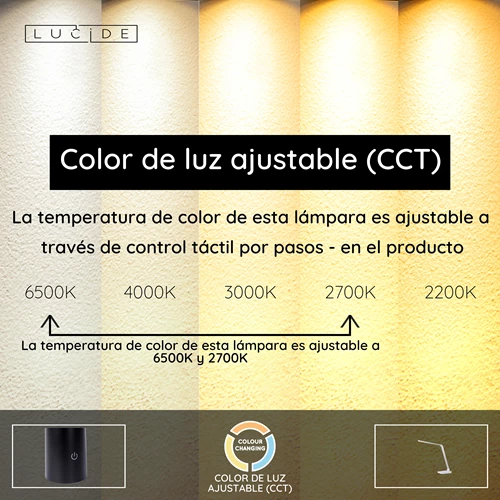 Lucide VARIO LED - Lámpara de escritorio - LED Regul. - CCT - 1x8W 2700K/6500K - Blanco - USP